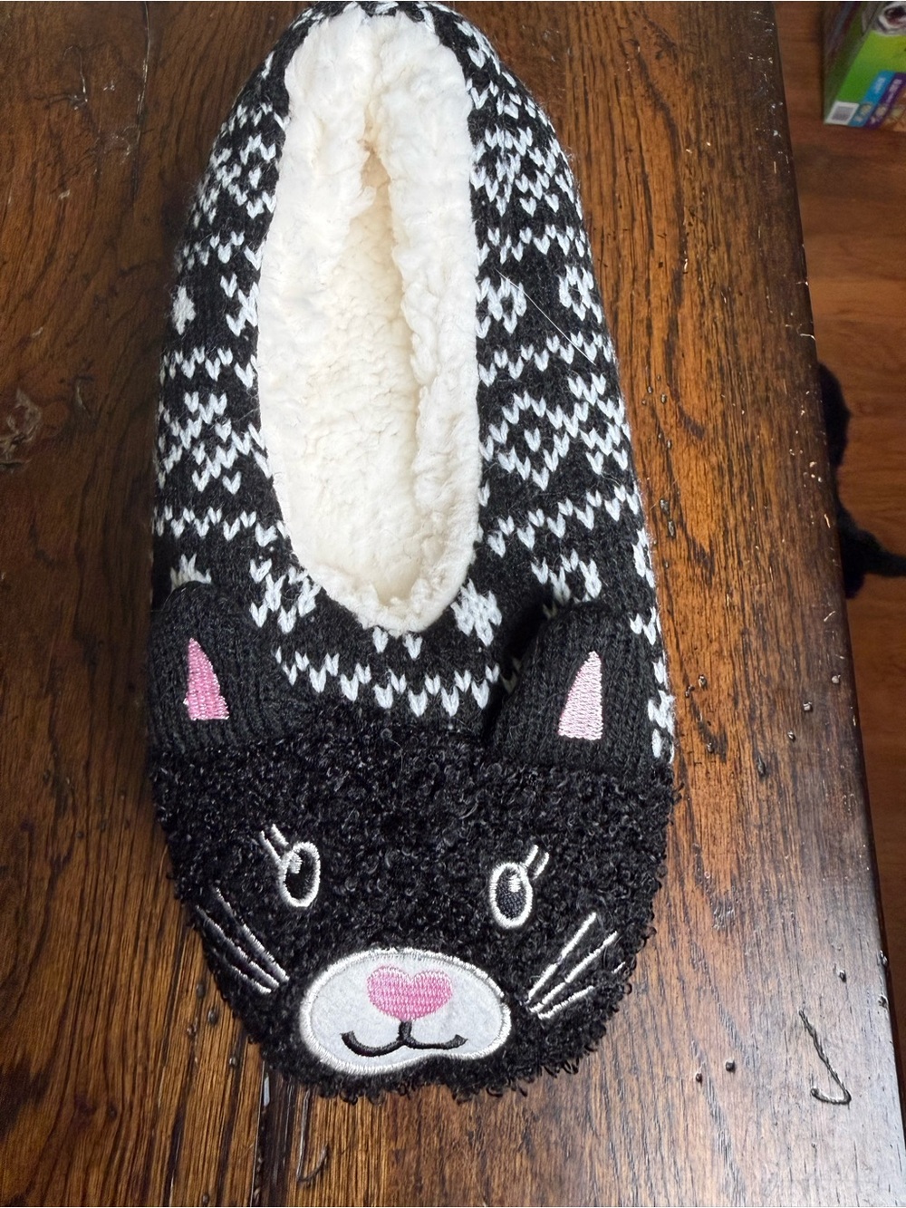 NWOT Cozy Black & White Cat Slipper with Pink Accents